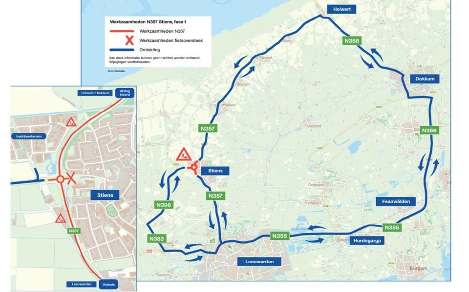 Omrijden vanwege werkzaamheden bij Stiens